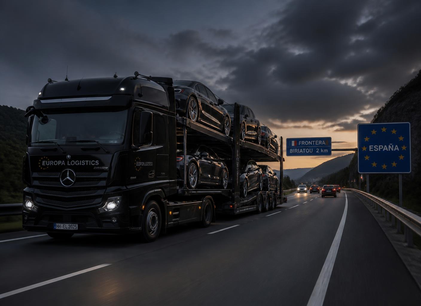Camión de transporte de vehículos cruzando hacia España